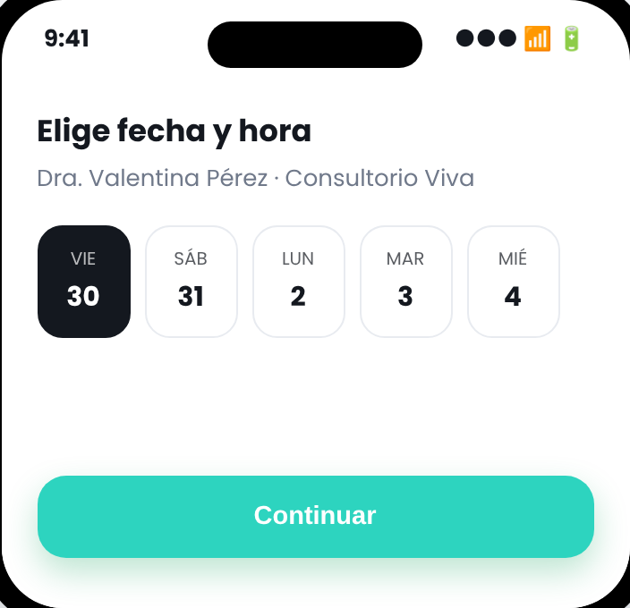 Selección de fecha y hora disponible en Voomi Health