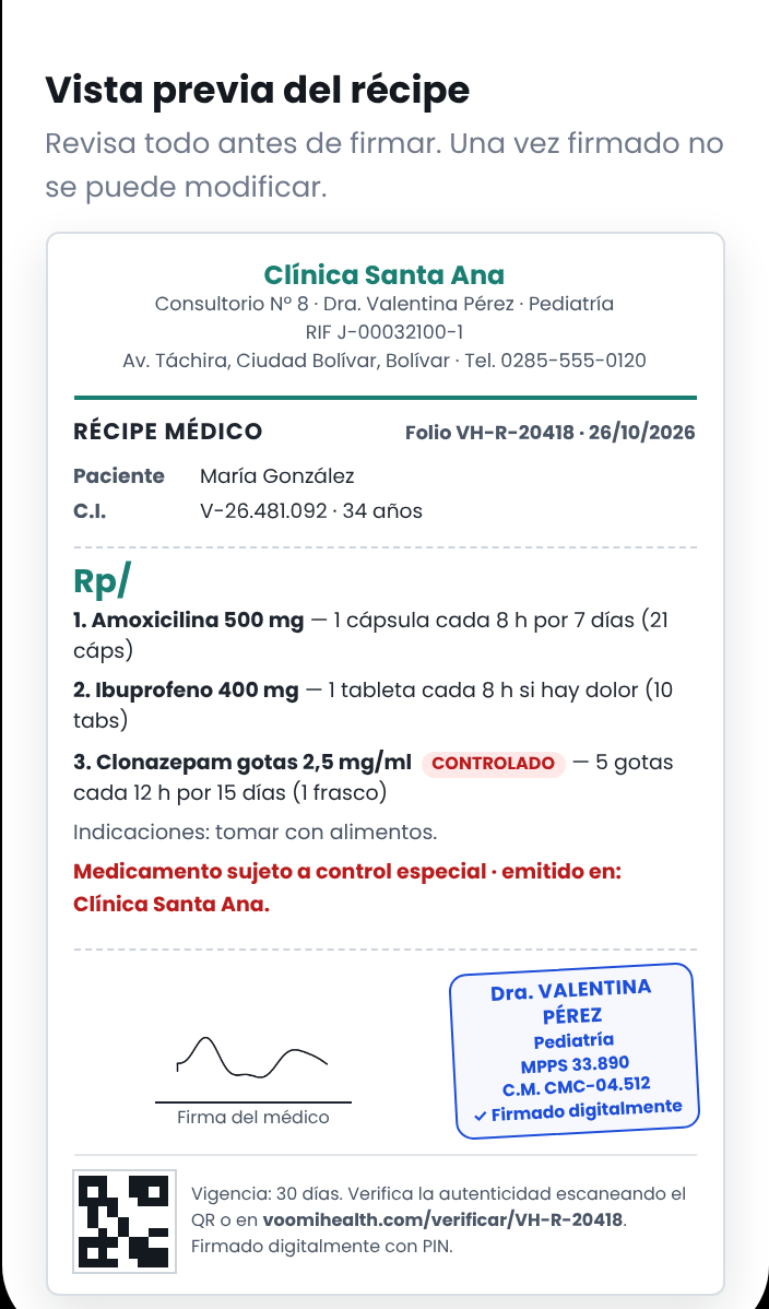 Vista previa del récipe con firma, sello y código QR